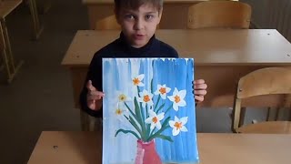 Нарциссы в вазе. В технике гуашь. Урок для детей 5 - 10 лет.