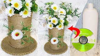 Ваза из пластиковой бутылки, DVD диска и шпагата / джута.