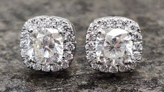 2.90 TCW Cushion and Round Colorless Moissanite Halo Earrings | Screw Back Earrings | Engagement