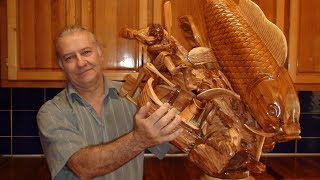 Скульптура из дерева "мечта рыбака", sculpture of wood fishermen and fish, готовая работа