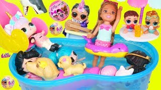 LOL SURPRISE Dolls Visit Barbie Chelsea Color Changing Pool and Unicorn Family at Strange Ocean