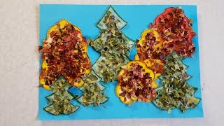 Осенний лес Аппликация из цветной бумаги и сухих листьев с шаблоном для скачивания