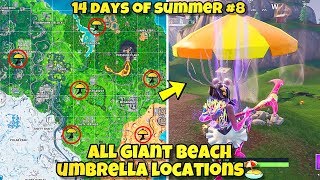 All Beach Umbrella Locations! Fortnite (14 Days of Summer) BOUNCE OFF OF A GIANT BEACH UMBRELLA!