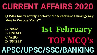 1 February 2020 Current Affairs MCQ's । Daily Current Affairs । Current Affairs February 2020