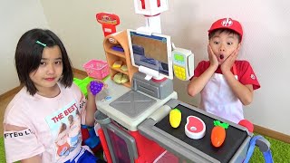 スーパーマーケット お買い物ごっこ セルフレジ フードトラックが大変！ こうくんねみちゃん supermarket self register belt conveyer shop