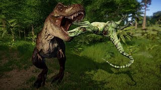 Tyrannosaurus Rex Hunting Raptors in Forest Environment - Jurassic World Evolution