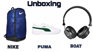 Unboxing White PUMA shoes, NIKE Blue Backpack & Boat Rockerz 400 Headphones