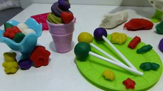Лепим из набора пластилина Play Doh сладости. Конфеты на палочке, а так же мороженое в стаканчике.