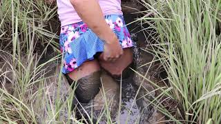 Mini Skater Skirt, Black Panties, and Sexy Wedges Stuck In Tidal Mud