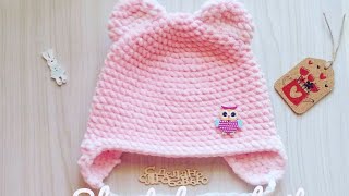 Детская шапочка крючком из плюшевой пряжи/детская плюшевая  шапка с ушками