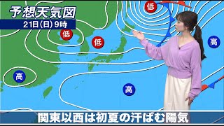 きょう21日(日)の天気　関東以西は初夏の汗ばむ陽気　北海道は雪が降り寒い