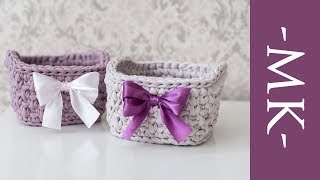 Вяжем корзинку из трикотажной пряжи крючком | Квадратная корзинка