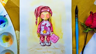 Как нарисовать куклу акварелью.Урок рисования для начинающих.