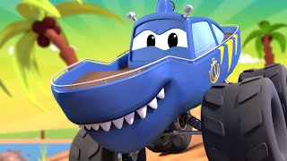Monster Town MONSTER TRUCK SHARK TRUCK & the MONSTER TRUCK TOW TRUCK are Racing ! Car City Video