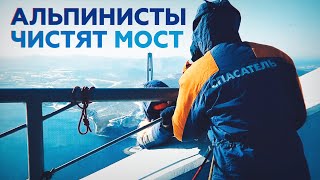 Спасатели-альпинисты вручную очищают мост во Владивостоке от льда