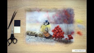 Картина из шерсти "Синица", бесплатный мастер класс из шерсти