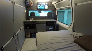 Mercedes Sprinter Custom Conversion RV DIY bed kitchen cabinets storage insulation power