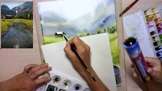 Картина акварелью. Пейзаж с рекой. Speed painting