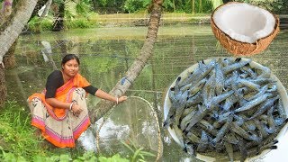 POND FISHING&COOKING CHINGRI MACHER BORA IN INDIAN VILLAGE STYLE || Easy Prawn Pakora Recipe