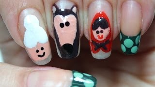 Unha Chapeuzinho Vermelho (Lobo mau, Vovó) Red Riding Hood Nail Art (Big Bad Wolf, Grandma)