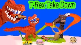 T-Rex Dinosaur Take Down Hot Wheels Cars Track Playset + Jurassic World Matchbox Toy Unboxing