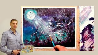 Ночной лунный пейзаж - как рисовать акрилом. Уроки рисования. Валерий Рыбаков.