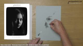 Etude au fusain naturel - Portrait jeune femme de 3/4 à droite  (échelle de 4 valeurs, rehaut de pas