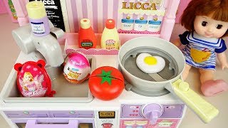 Baby doll Kitchen and surprise eggs cooking food toys play