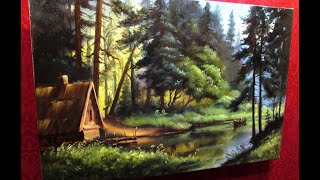 #22 Жанровый ЛЕСНОЙ ПЕЙЗАЖ с озером. Как нарисовать лес, реку, лодку маслом | Бельчев Андрей