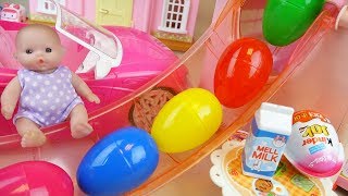Surprise eggs slide Baby doll house and kinder joy, car toys play