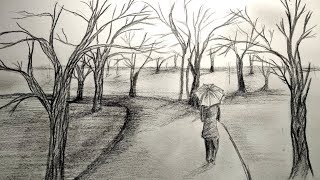 How to draw a scenery with pencil sketch step by step
