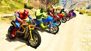 COLOR MotorCycles Jumping in Grand Canyon with superheroes! Cartoon video for kids