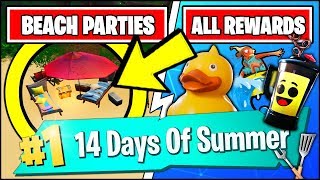 DANCE AT DIFFERENT BEACH PARTIES & *ALL* FREE REWARDS (Fortnite 14 Days Of Summer Challenges)
