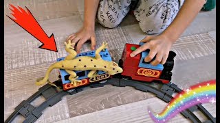 Дети и родители играют в игрушки. Ящерица Нося хочет кататься на детском поезде