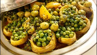 طاجين الجلبان والقوق بطريقة سهلة ?makkelijk recept voor tagine met artisjokken en doperwten ,