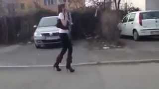 Funny Girl walks with High Heel shoes struggling