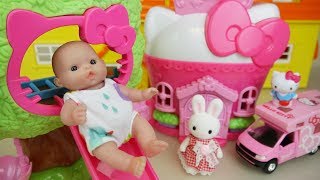 Hello Kitty slide house and Baby doll with camping car toys play
