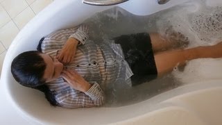 Wetlook - bath - white shirt, black mini skirts, nude stockings, heels