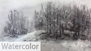 Landscape #14 - Watercolor painting of snowy trees