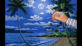 Pintar uma praia e da lua usando acrílicos sobre tela 50 x 60cm
