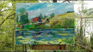 Картина маслом поэтапно "Дом на берегу озера". Рисуем мастихином
