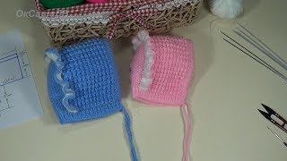 Детская шапочка (чепчик) с рюшкой. Вязание спицами. Children's knitted cap.