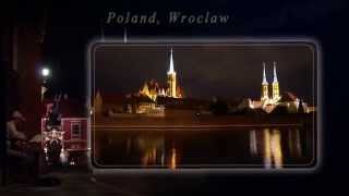 Night  on the island Tumski. Slidshow. Poland. Wroclaw
