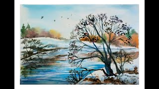 Как нарисовать весну акварелью. Рисунок весна. How to draw a spring landscape watercolor.